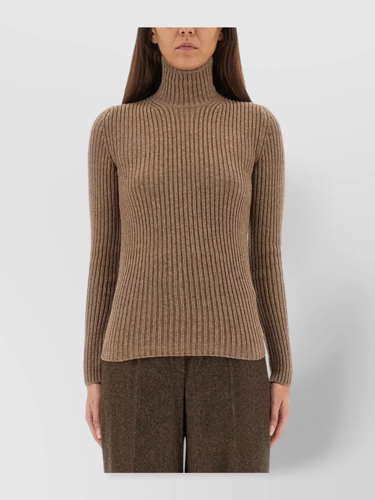 Max Mara Fitted Long Sleeve Turtleneck Knit Sweater In Brown