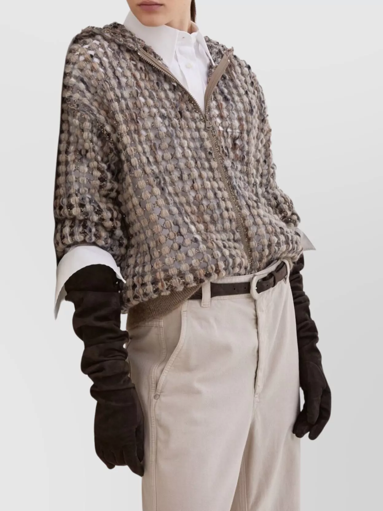 Brunello Cucinelli Pailette Wool-cashmere Net Balloon-sleeve Zip Hoodie In Neutral