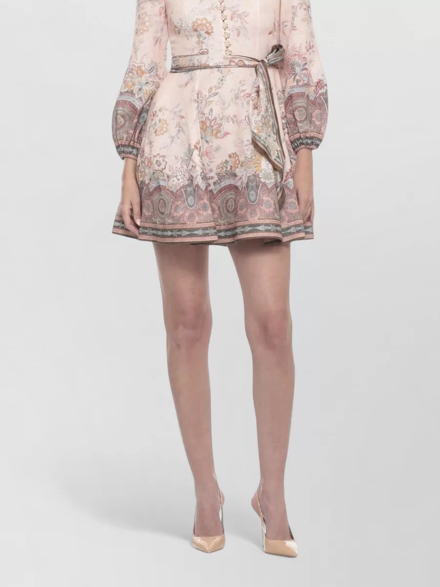 Zimmermann Linen Printed High-Neck Long-Sleeve Mini Dress