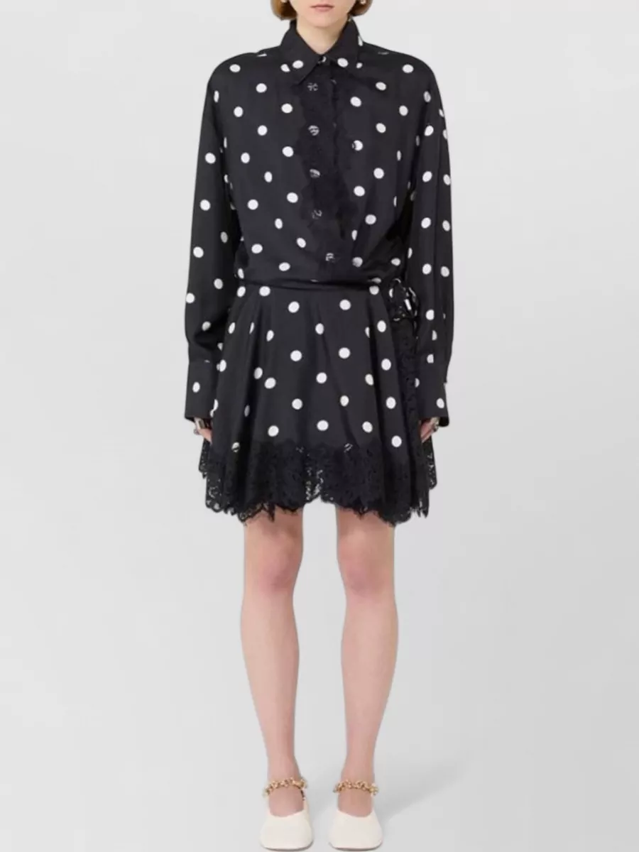 Sportmax Silk Polka-Dot Lace-Trim Wrap Mini Shirt Dress