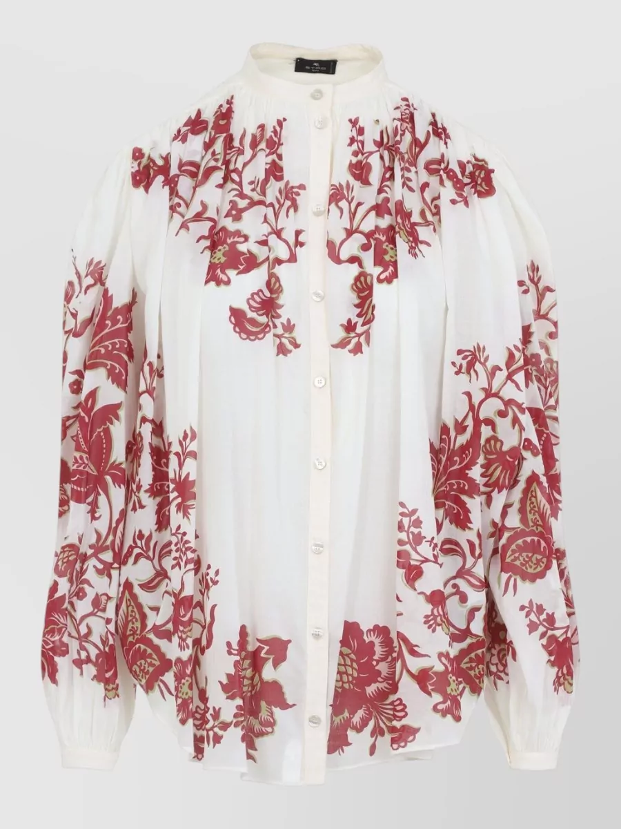 Etro Pleated Shirt Long Sleeves Band Collar Floral