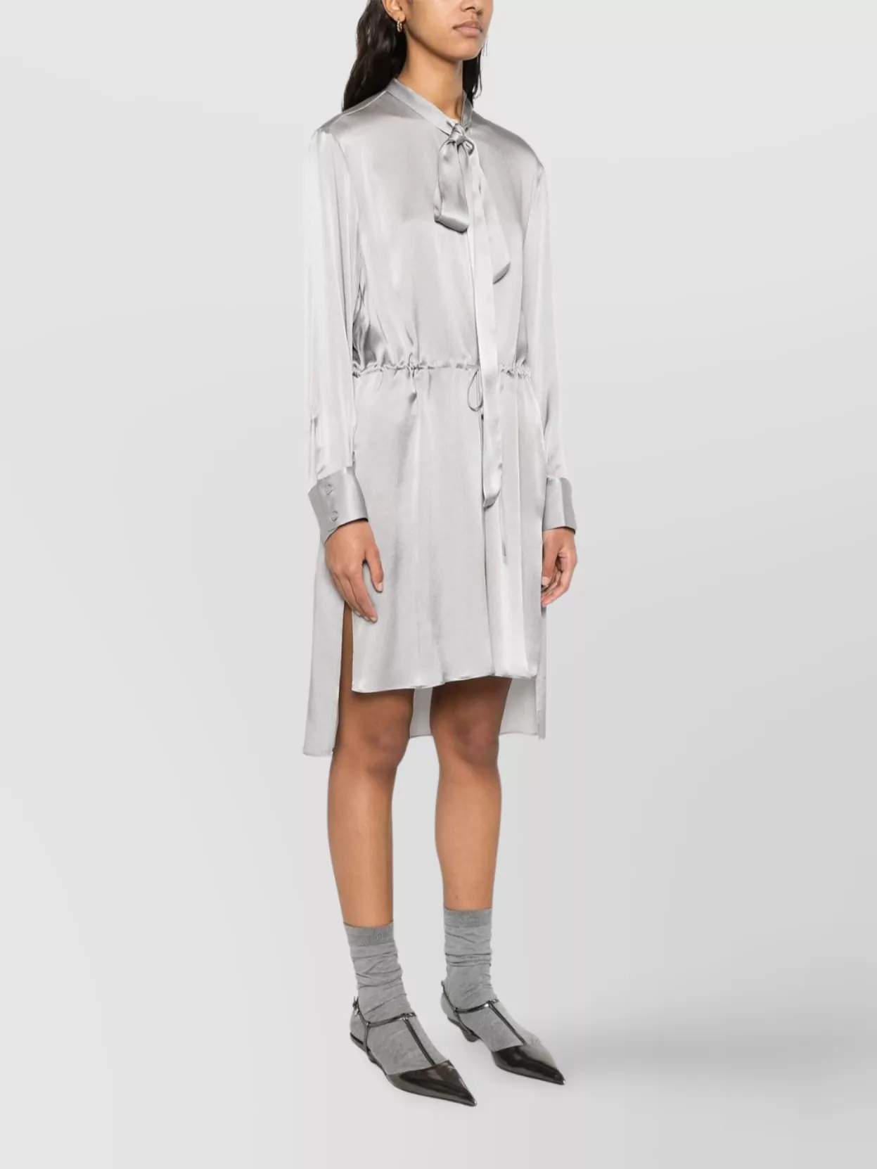 Semicouture Rossana Dress With Long Sleeves And Tie Neck In White