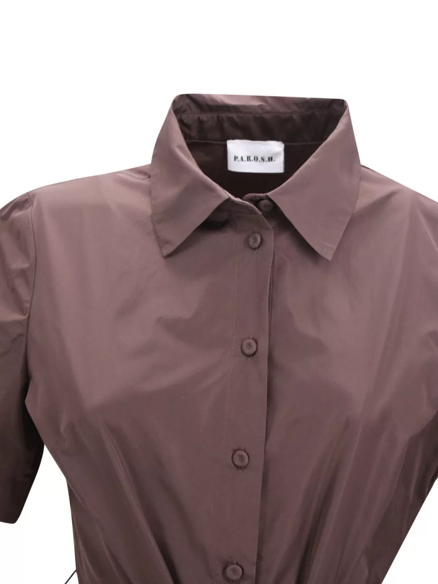 Parosh Taffeta Belted Short-Sleeve Midi Shirt Dress