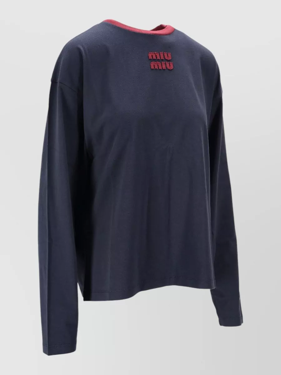Miu Miu Long Sleeve Jersey Top Crew Neck Trim