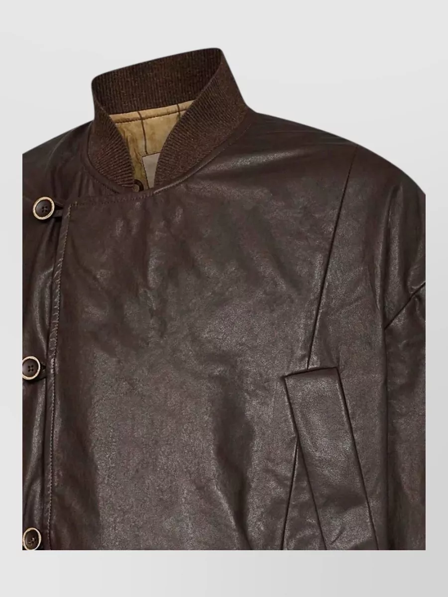 Uma Wang Leather Ribbed-Collar Off-Center Jacket