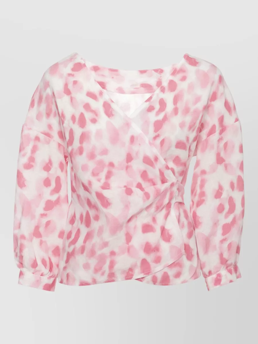 120% Lino Printed linen v-neck 3/4-sleeve blouse