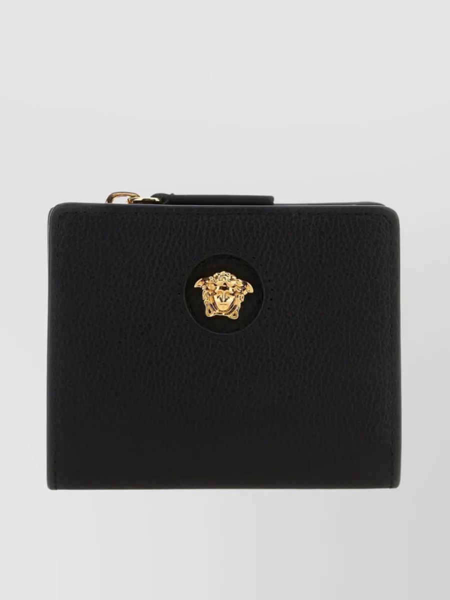 Shop Versace Iconic Medusa Head Pebble Calf Leather Wallet In Black
