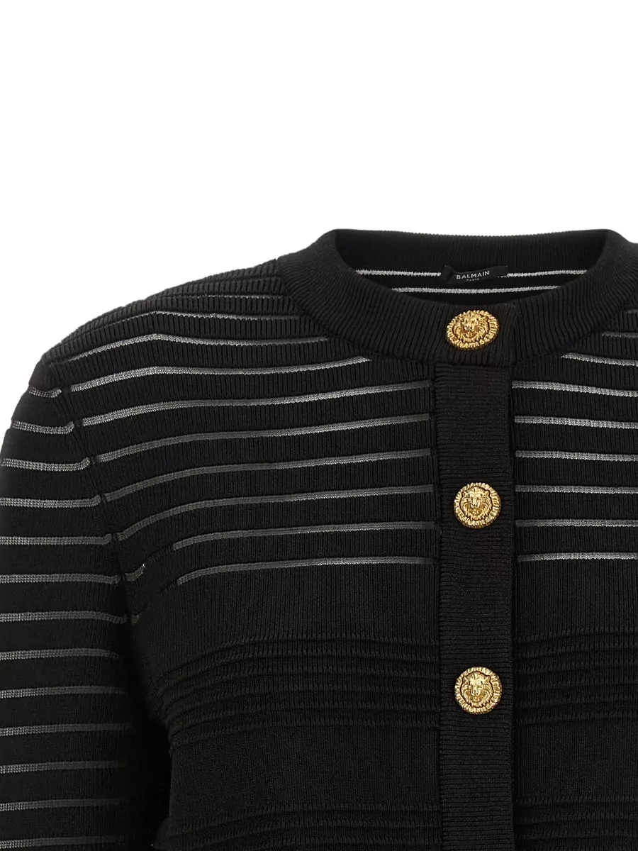 Balmain Semi-Sheer Striped Cropped Round-Neck Long-Sleeve Cardigan