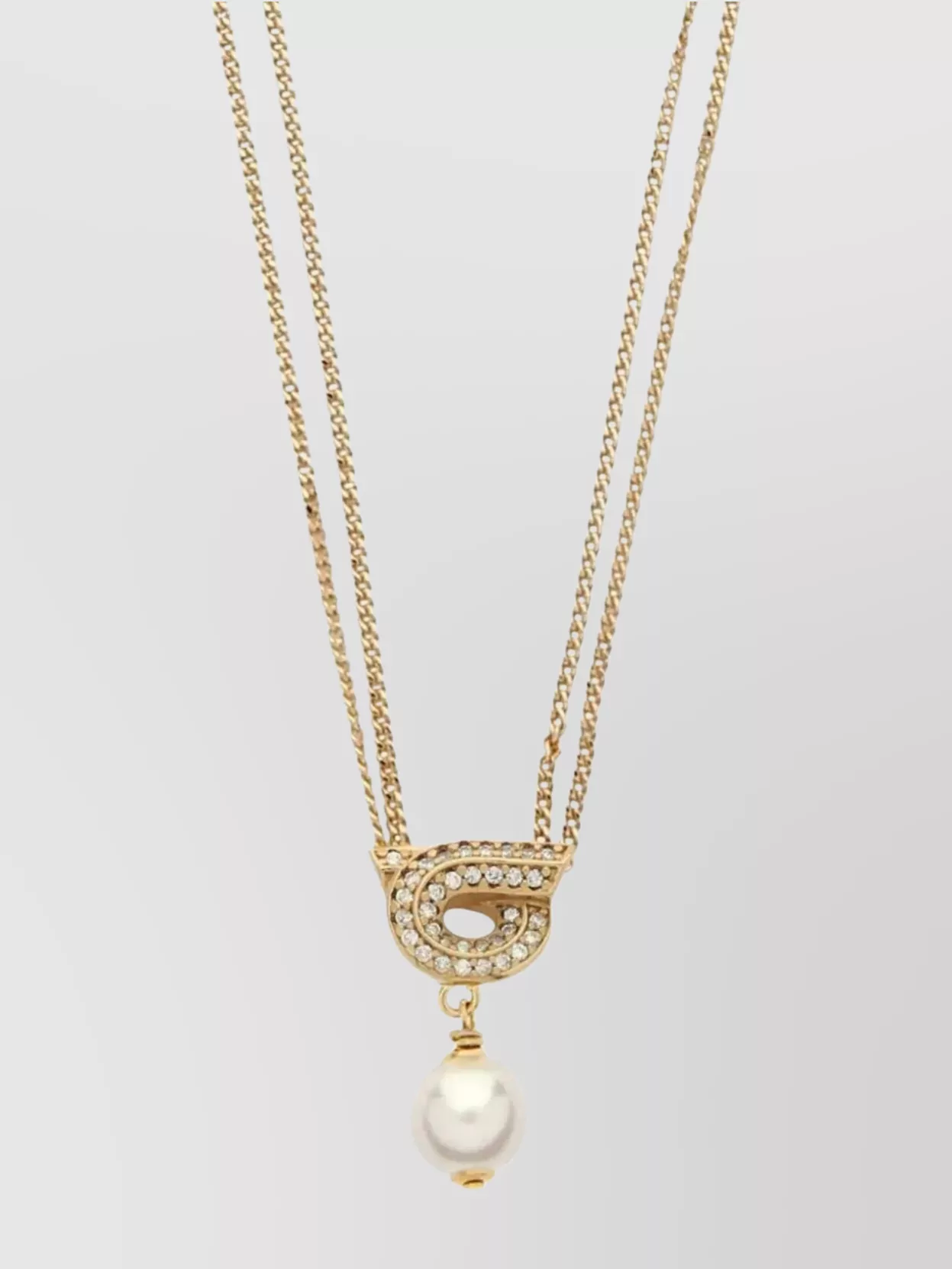 Ferragamo Crystal Pearl Pendant Double Chain Necklace