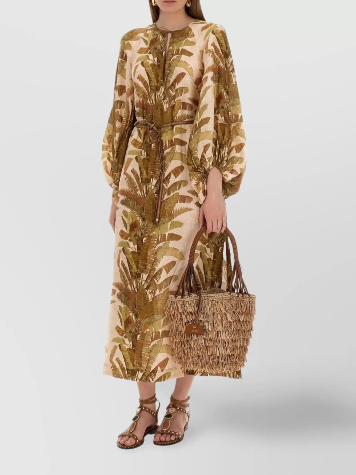 Zimmermann Botanical Print Midi Dress With Belted Waist