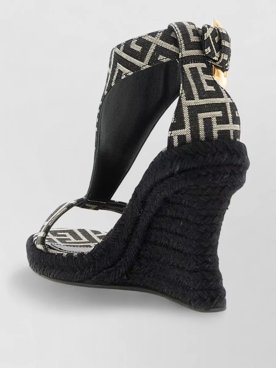 Balmain Leather Monogram-Jacquard Wedge Espadrille Sandals