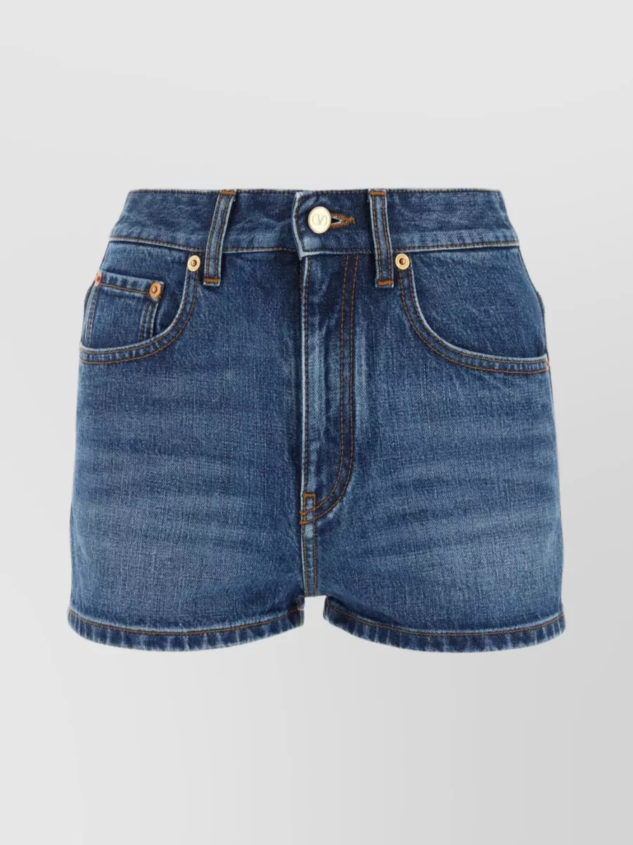 Shop Valentino Waist Belted Denim Shorts In Blue