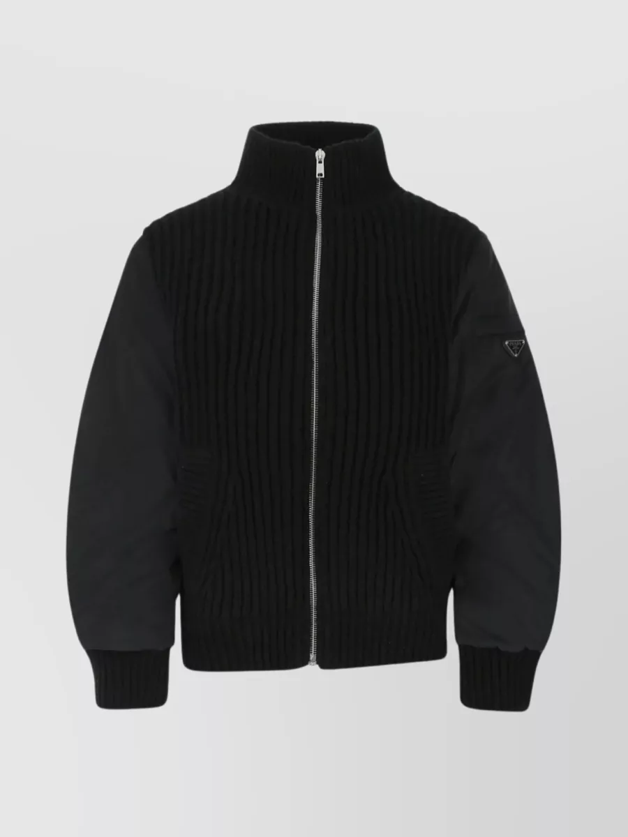 Shop Prada Ribbed Collar Jacket With Contrast Sleeves And Elasticated Hem In Black
