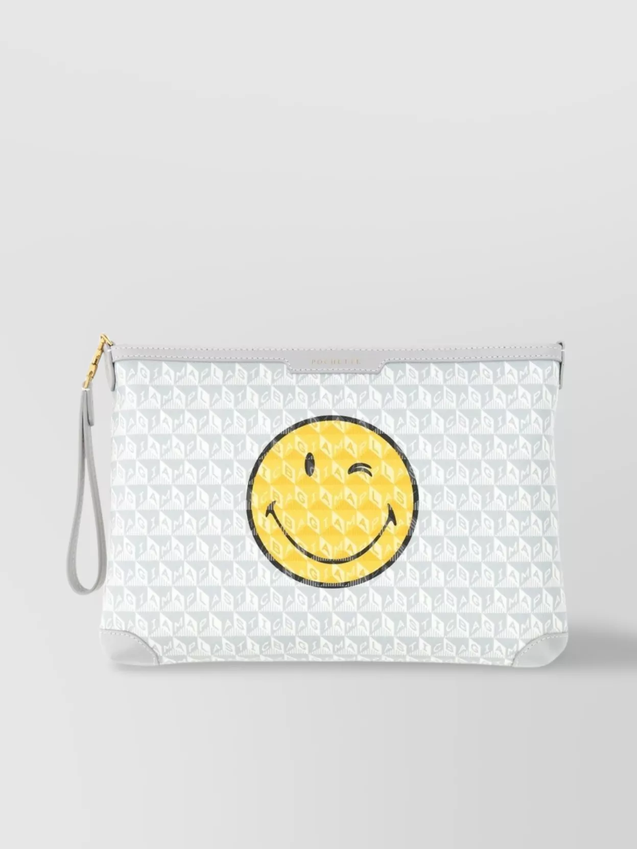 ANYA HINDMARCH SMILEY FACE GRAPHIC PRINT WRIST STRAP CLUTCH