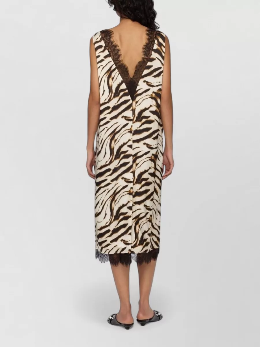 Ganni Zebra-Print Lace-Trim V-Neck Sleeveless Midi Dress
