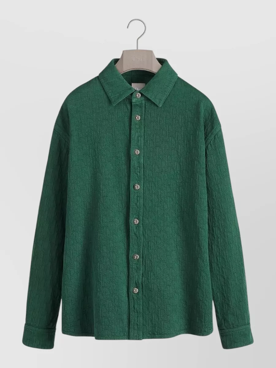 Dior Denim Shirt Button Down Collar Textured Fabric In Green