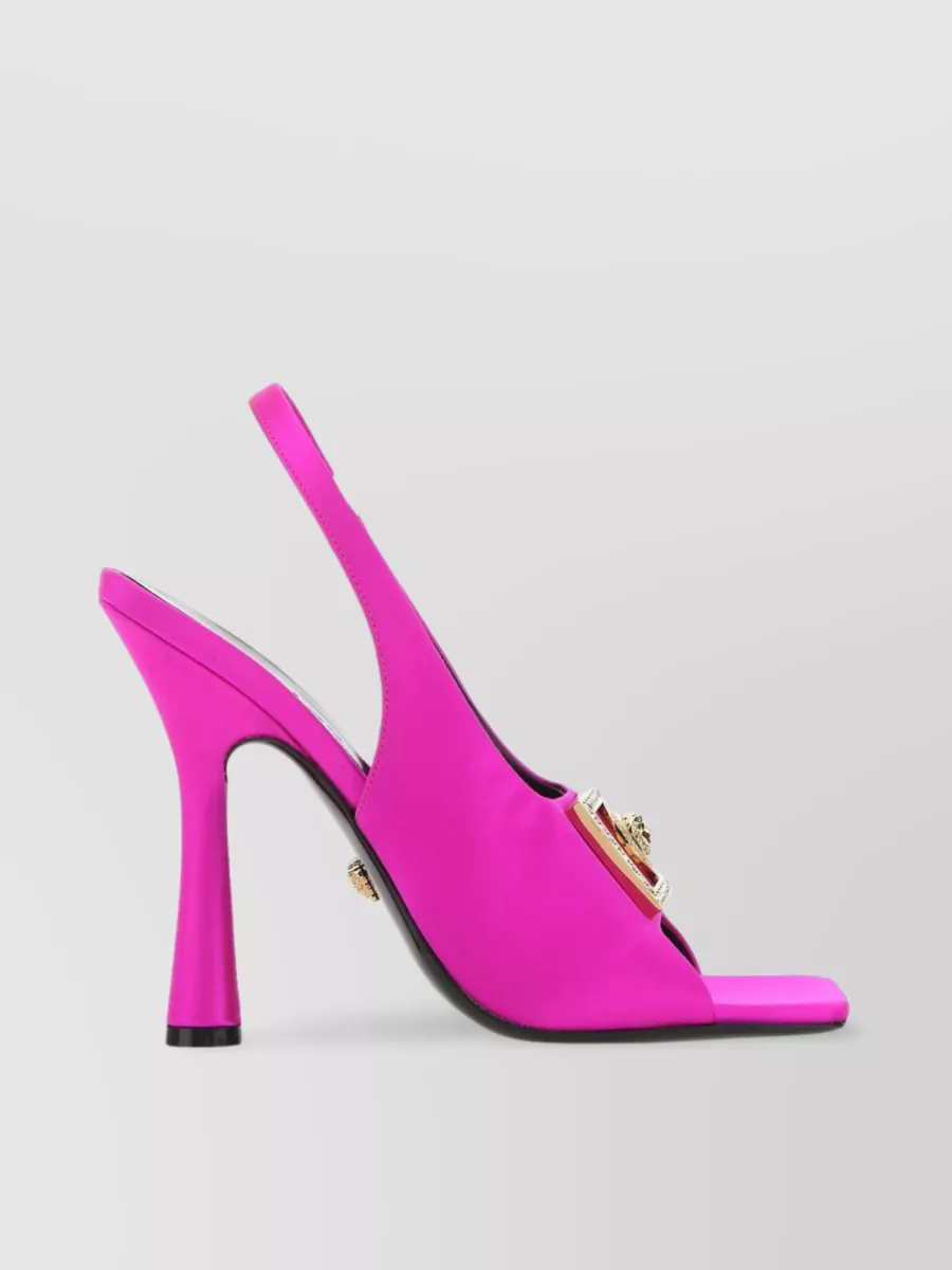 Shop Versace Satin Sandals With Unique Heel And Embellished Detail In Pink