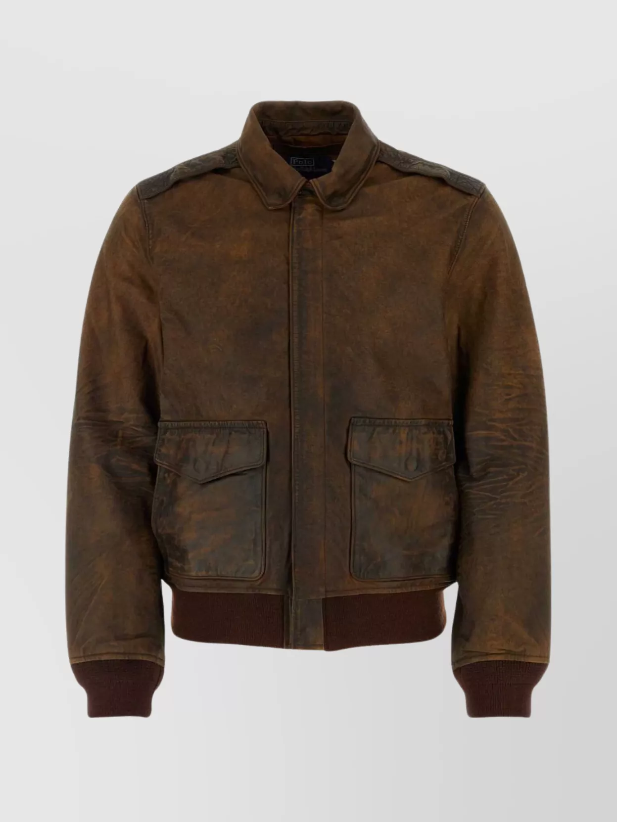 Shop Polo Ralph Lauren Leather Bomber Jacket With Ribbed Cuffs And Hem In Brown