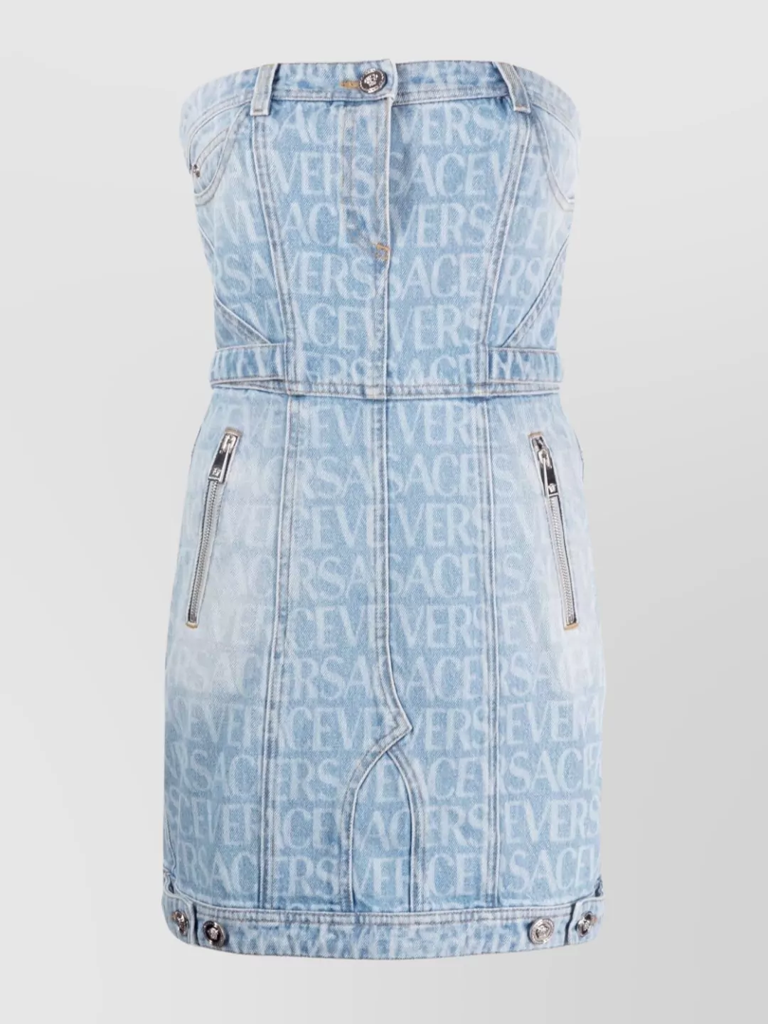 Shop Versace All-over Denim Mini Dress In Pastel
