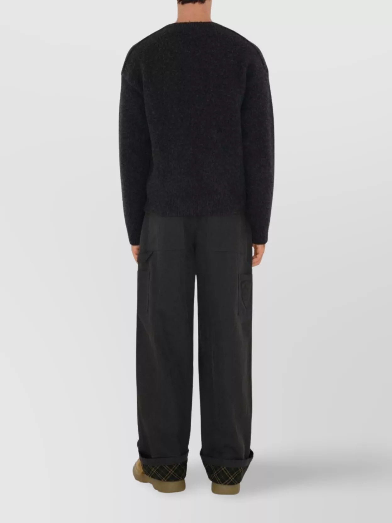Burberry Black Pants With Logo Embroidery On The Side And Turn-up Checked Hem In Cotton Man