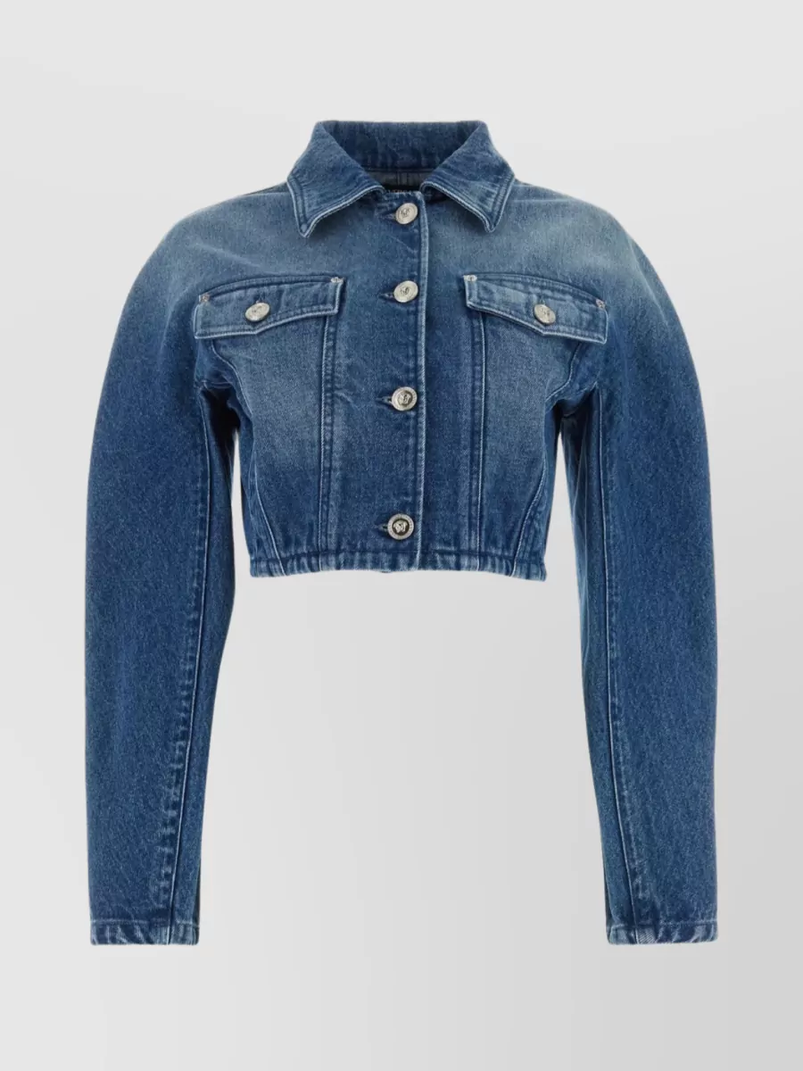 Shop Versace Stonewashed Cropped Denim Jacket In Blue
