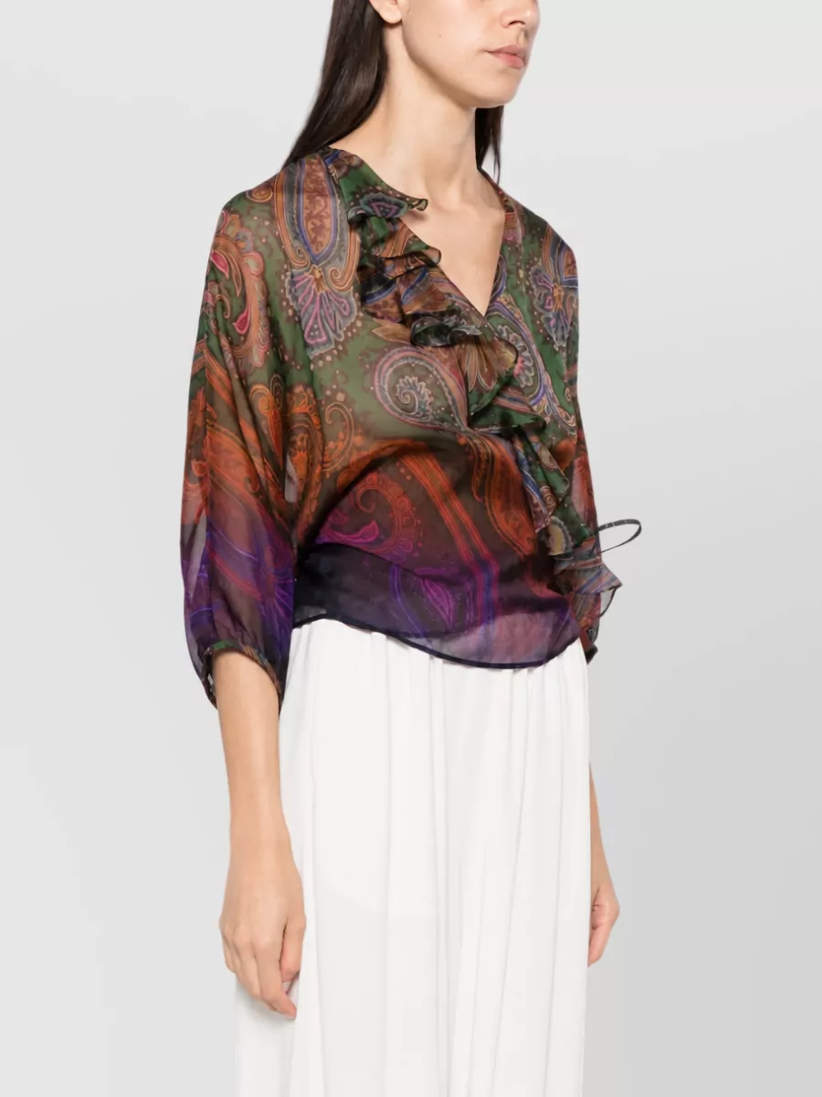 Etro Silk Paisley-Print Wrap Ruffled V-Neck Short-Sleeve Blouse