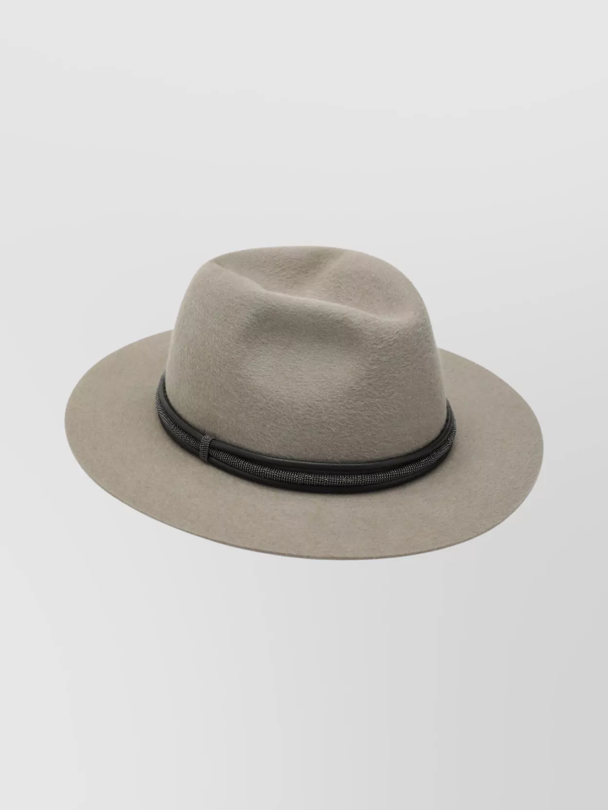 Brunello Cucinelli Fedora Hat With Tubular Leather Band And Monile Detail In Gray