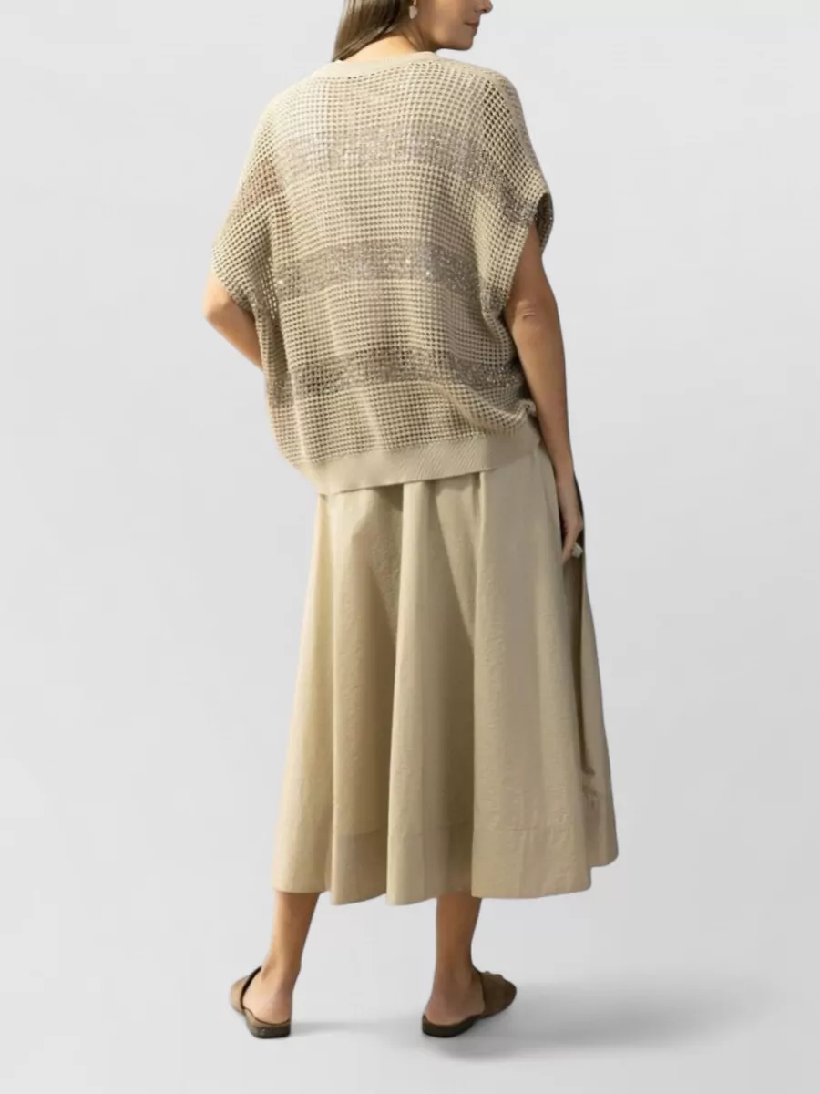 Brunello Cucinelli Striped Open-Knit Short-Sleeve Cotton Sweater