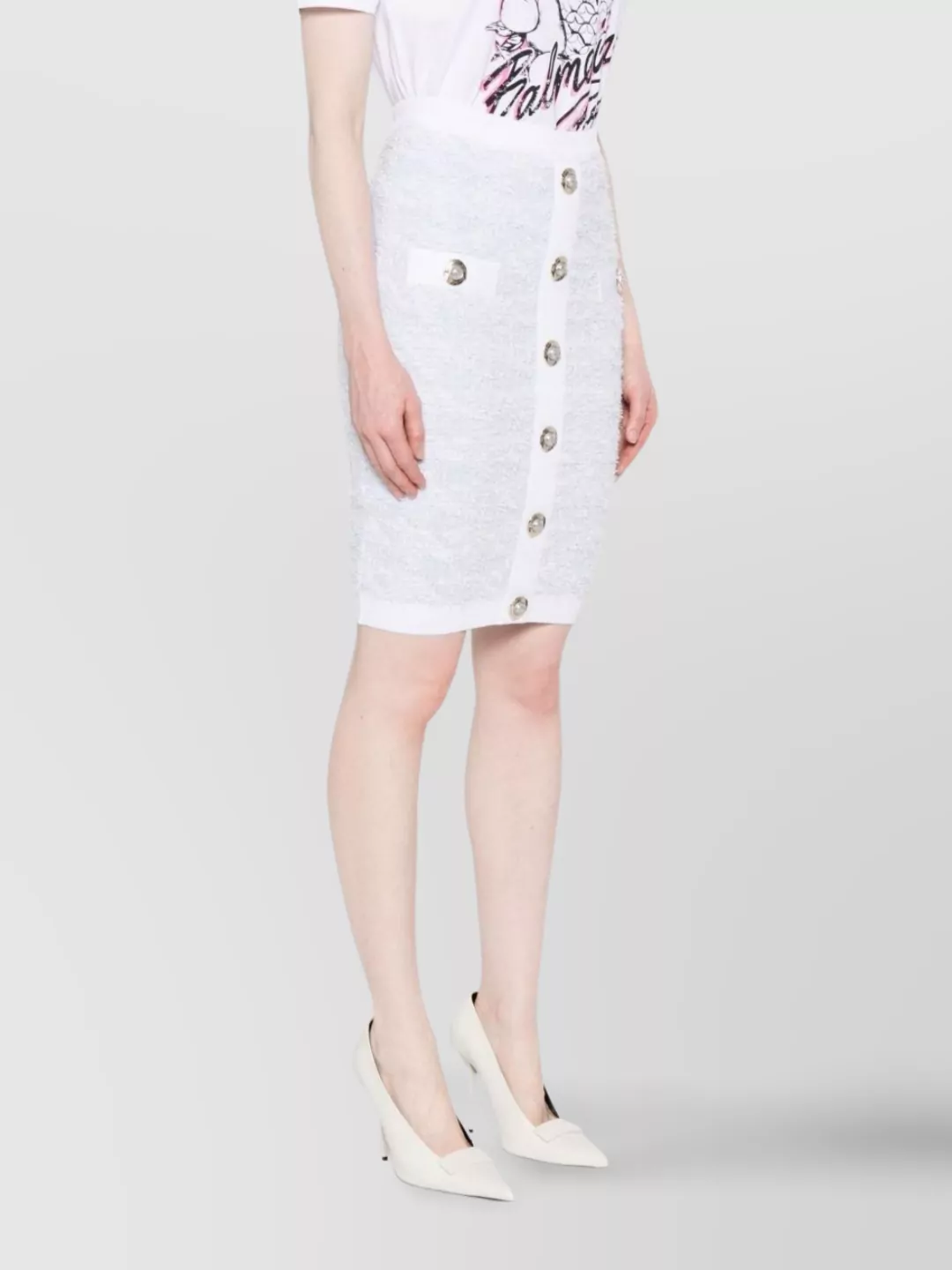 Balmain High-waisted Textured Skirt Button Detailing In Blue