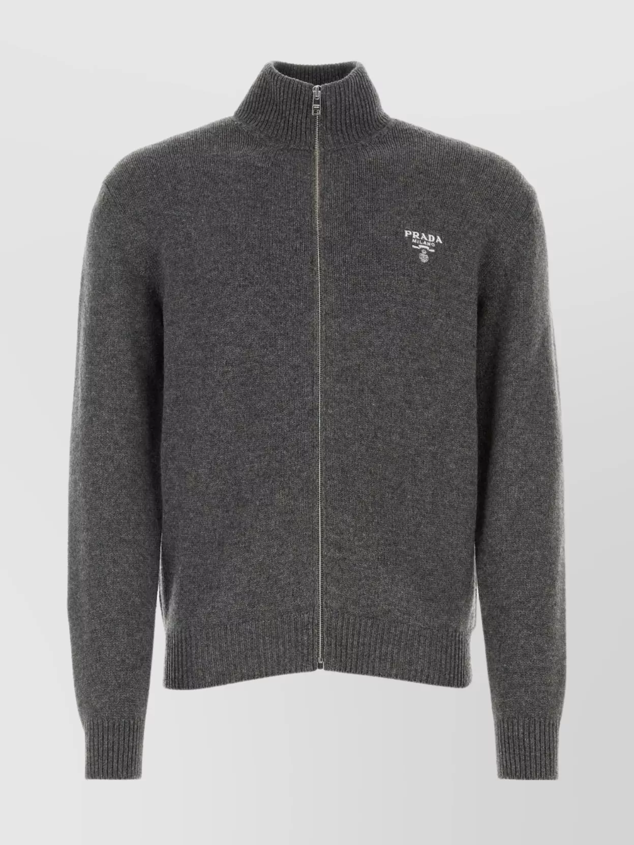 Shop Prada Cashmere Cardigan With Mock Turtleneck And Ribbed Trims In Grey