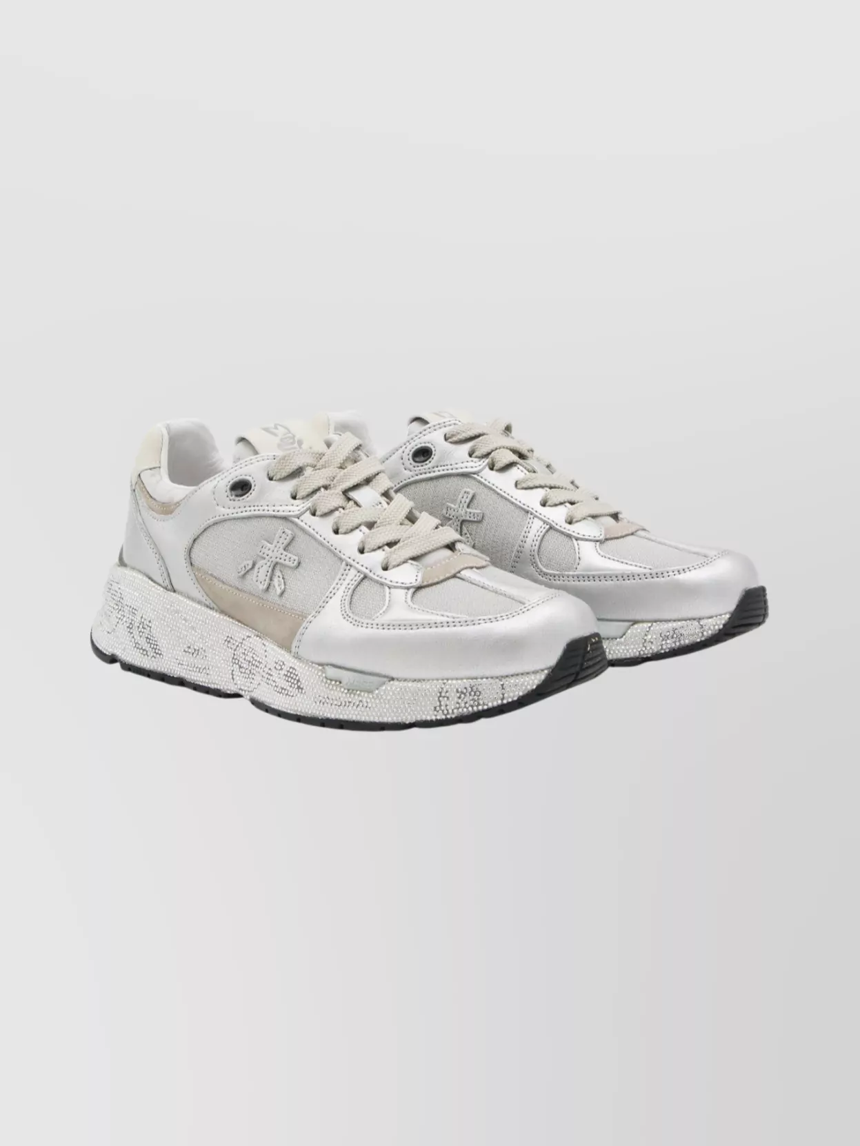 Premiata Metallic Low Top Sneakers With Textured Sole In Silver