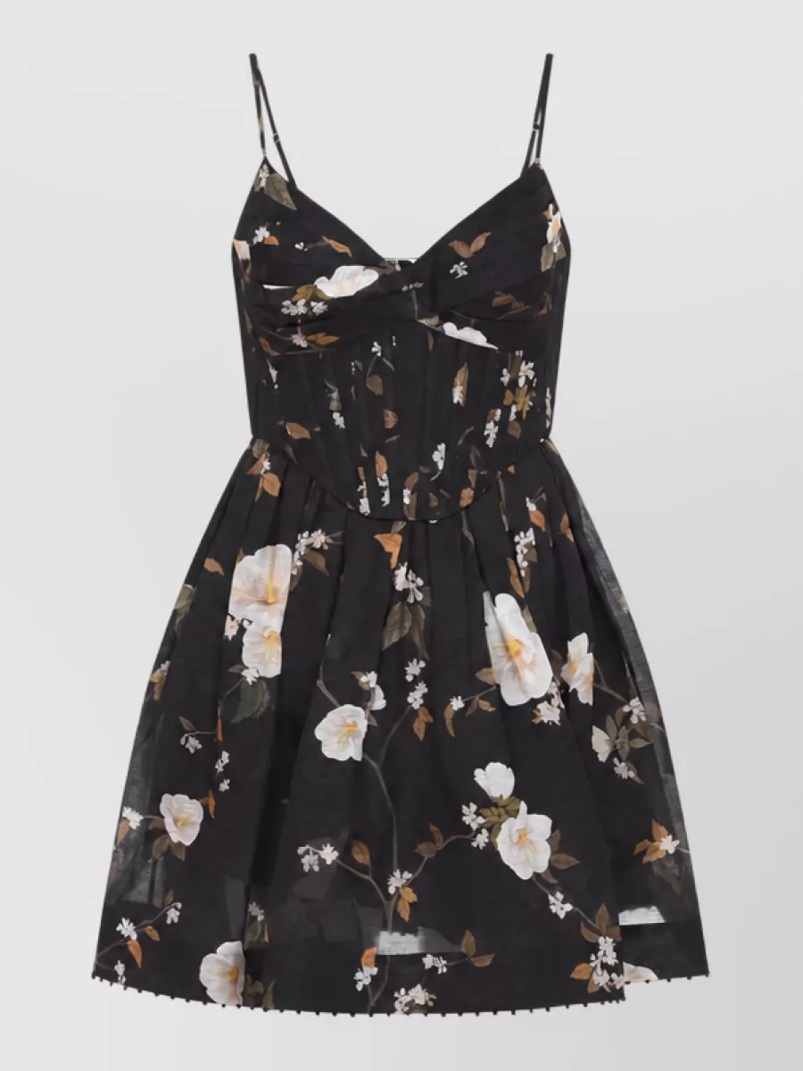 Zimmermann Silk Linen Floral-Print Draped V-Neck Panelled Corset Mini Dress