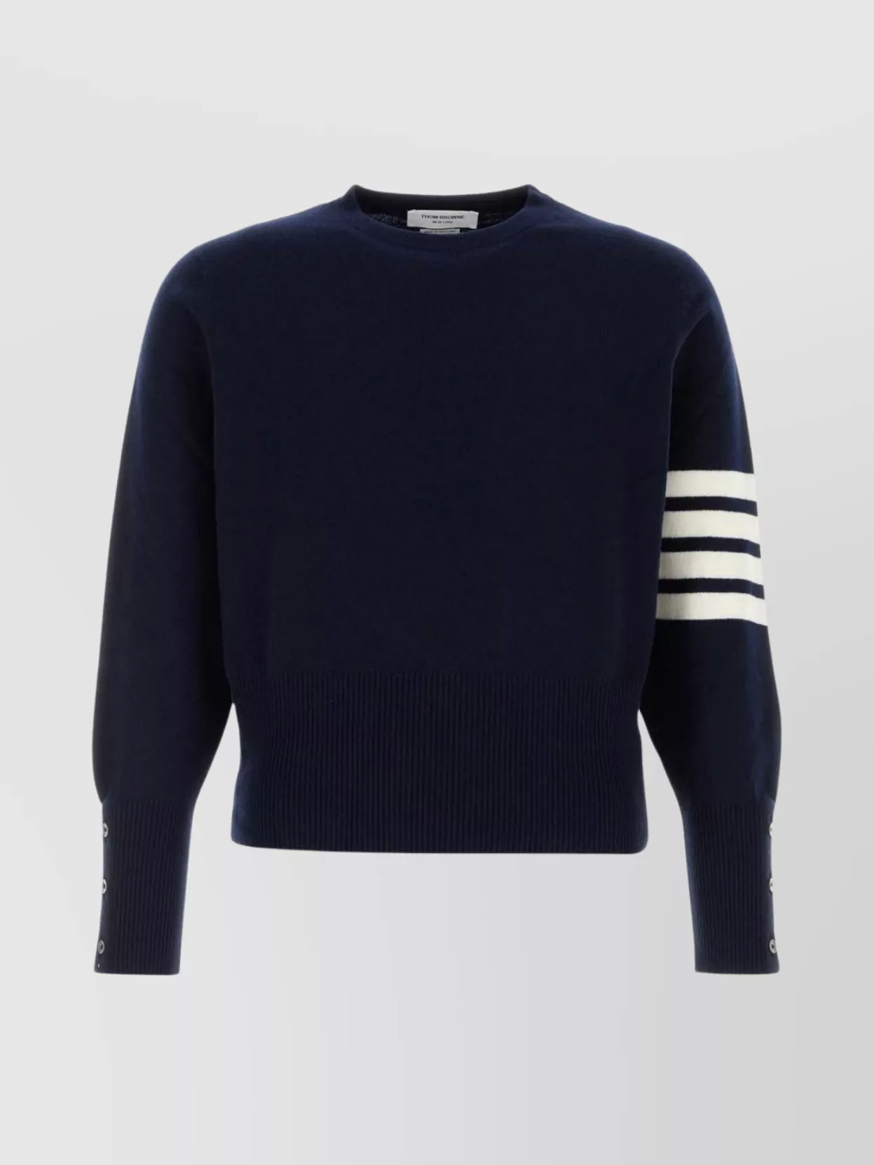 Thom Browne Cashmere Crew Neck Sweater With Striped Sleeve In Blue