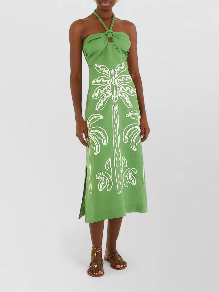 Farm Rio Linen embroidered halterneck midi dress