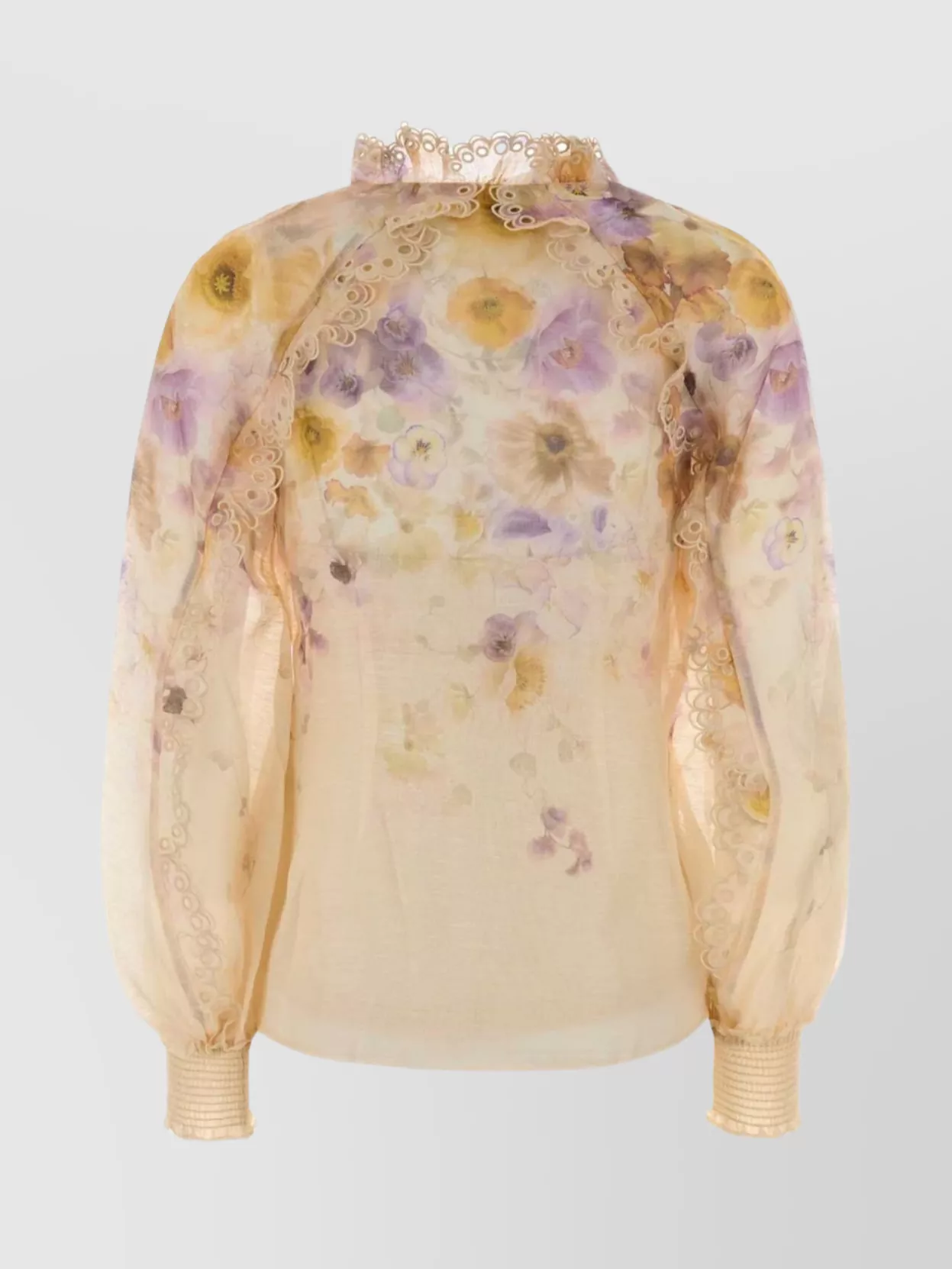 Zimmermann Silk Linen Floral-Print Ruffled Long-Sleeve Blouse