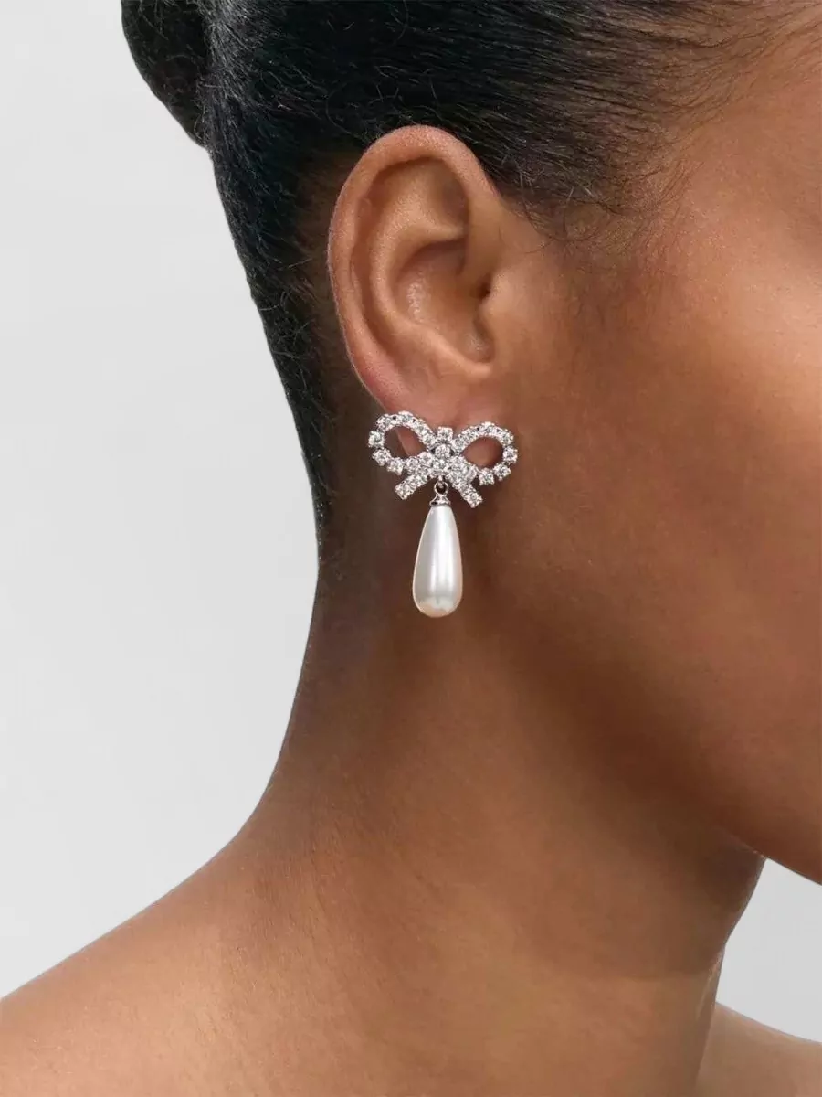 Self-Portrait Crystal-Embellished Bow Pearl Drop Earrings
