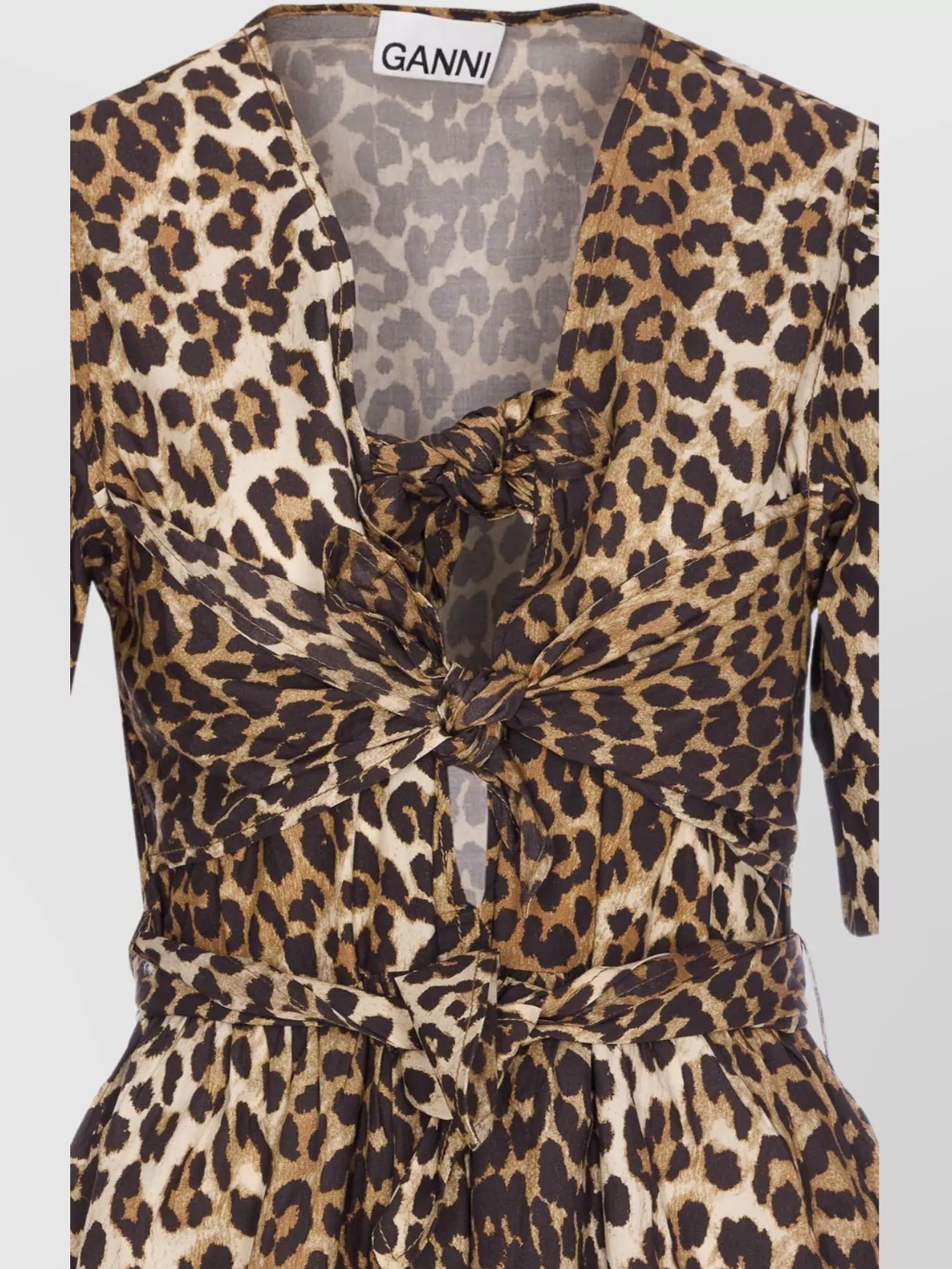 Ganni Waist Belted V-Neck Midi Dress With Leopard Print