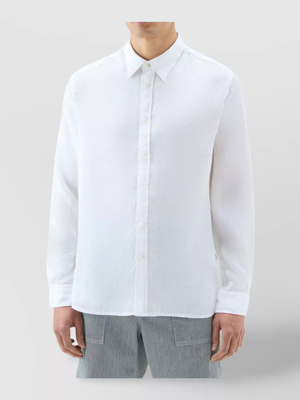 Shop Woolrich Linen Shirt With Curved Hem And Buttoned Cuffs