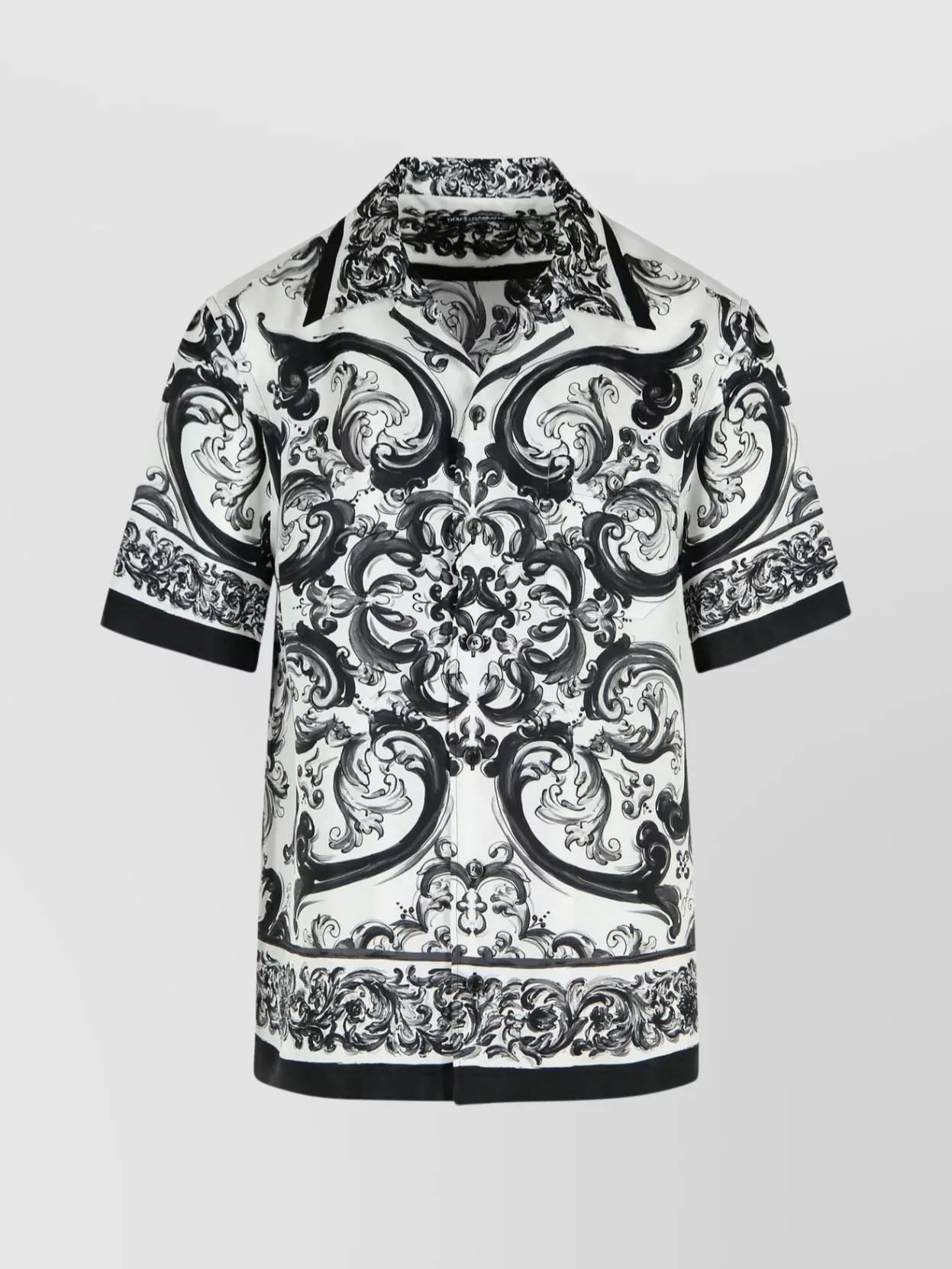 Dolce & Gabbana Maiolica Black And White Bowling Shirt With Cuban Collar And All-over Print In Silk Man In Black