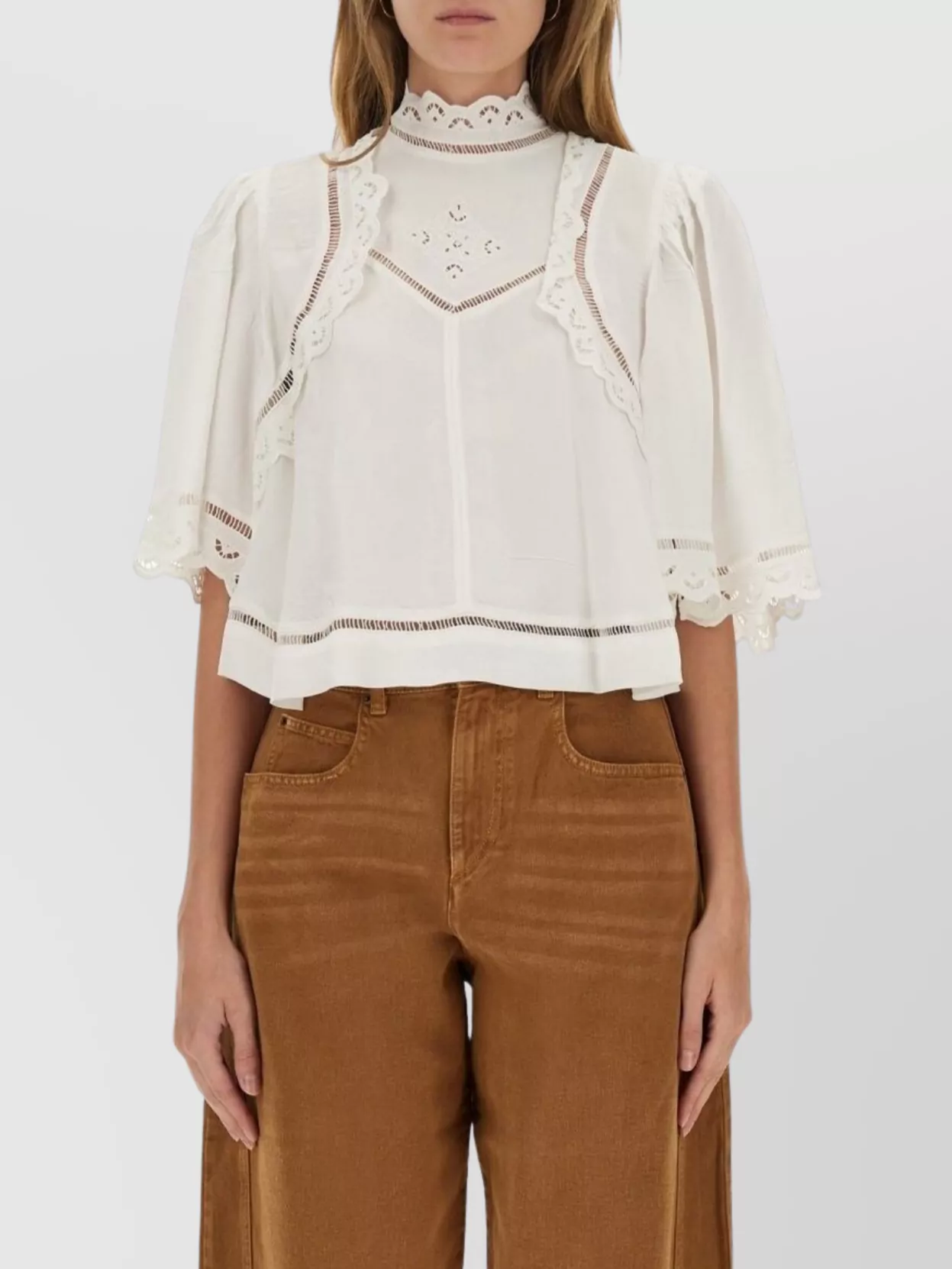 Isabel Marant High Neck Lace Top With Keyhole Back In Brown