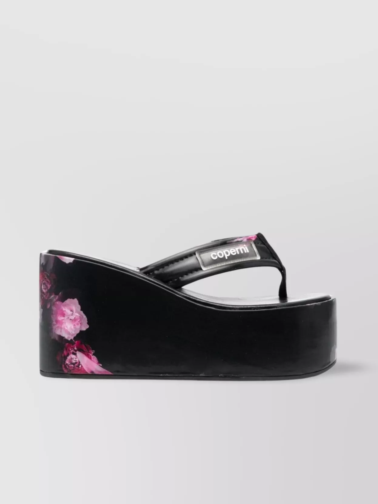 Shop Coperni Floral Print Wedge Sandals With Holographic Effect In Black