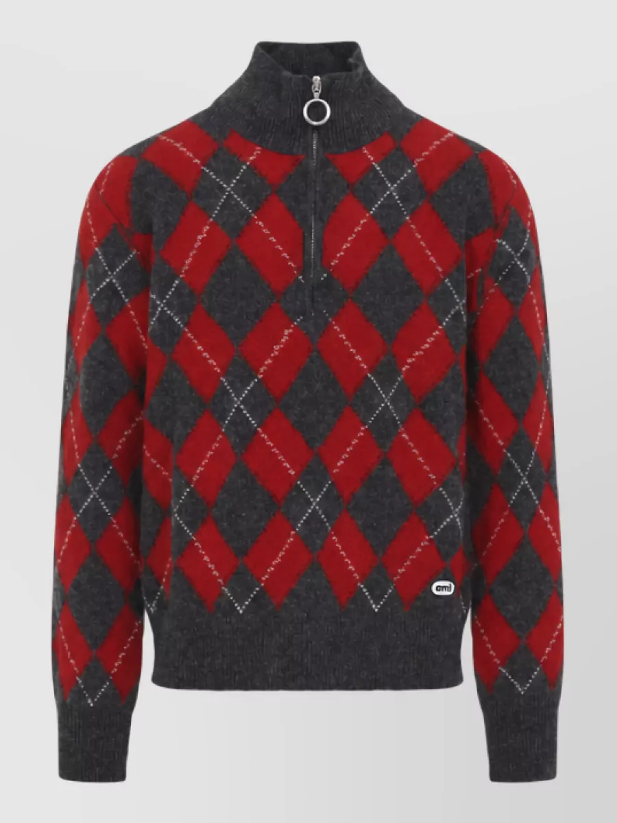 Ami Paris argyle wool half-zip sweater