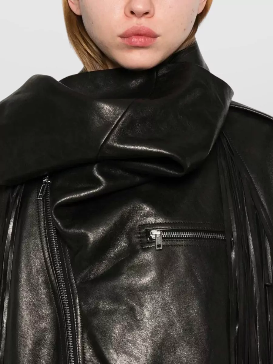 Rick Owens Leather Jacket Belted Waist Fringe Detailing