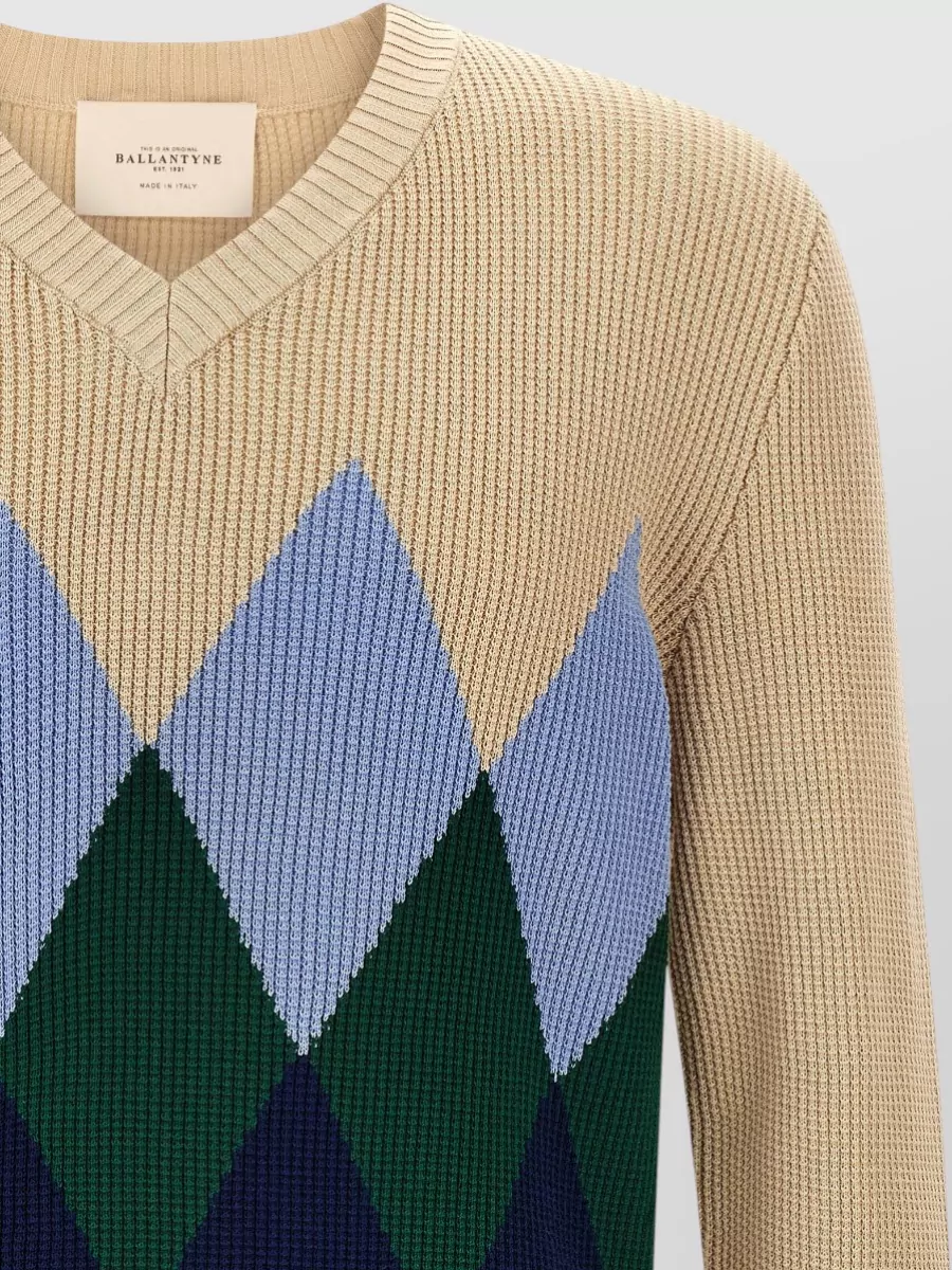 Ballantyne Argyle Waffle-Knit V-Neck Cotton Jumper