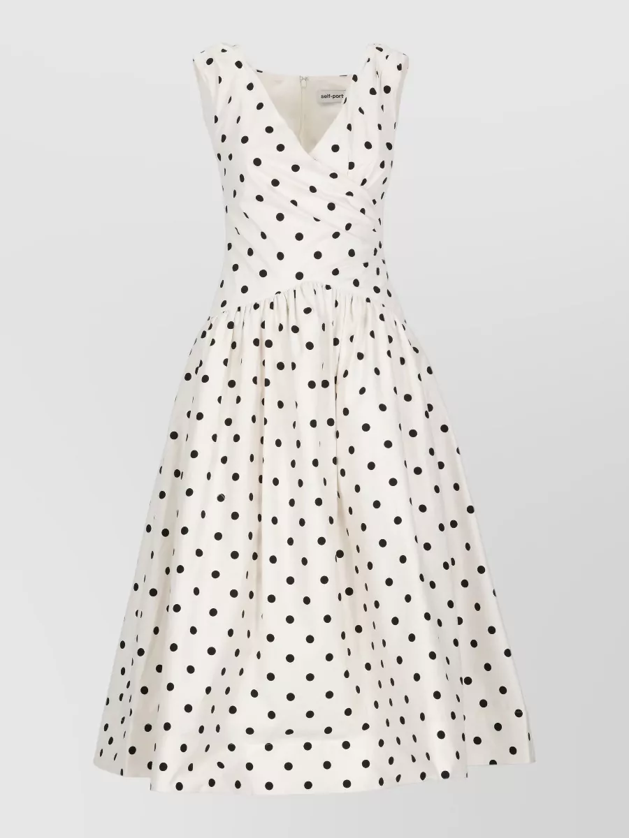 Self-Portrait Cotton polka-dot off-shoulder sweetheart neck sleeveless gathered-waist flared midi dress