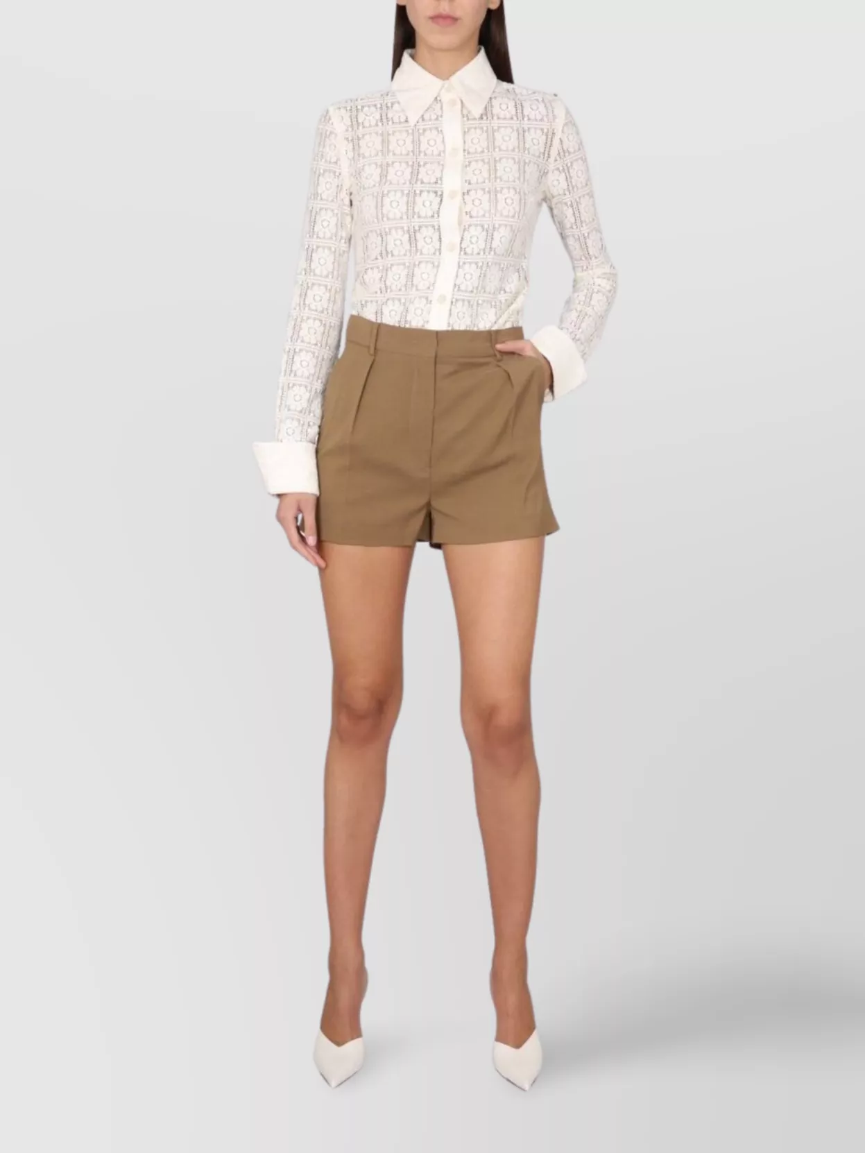 Max Mara Lace Long Sleeve Collared Shirt In White