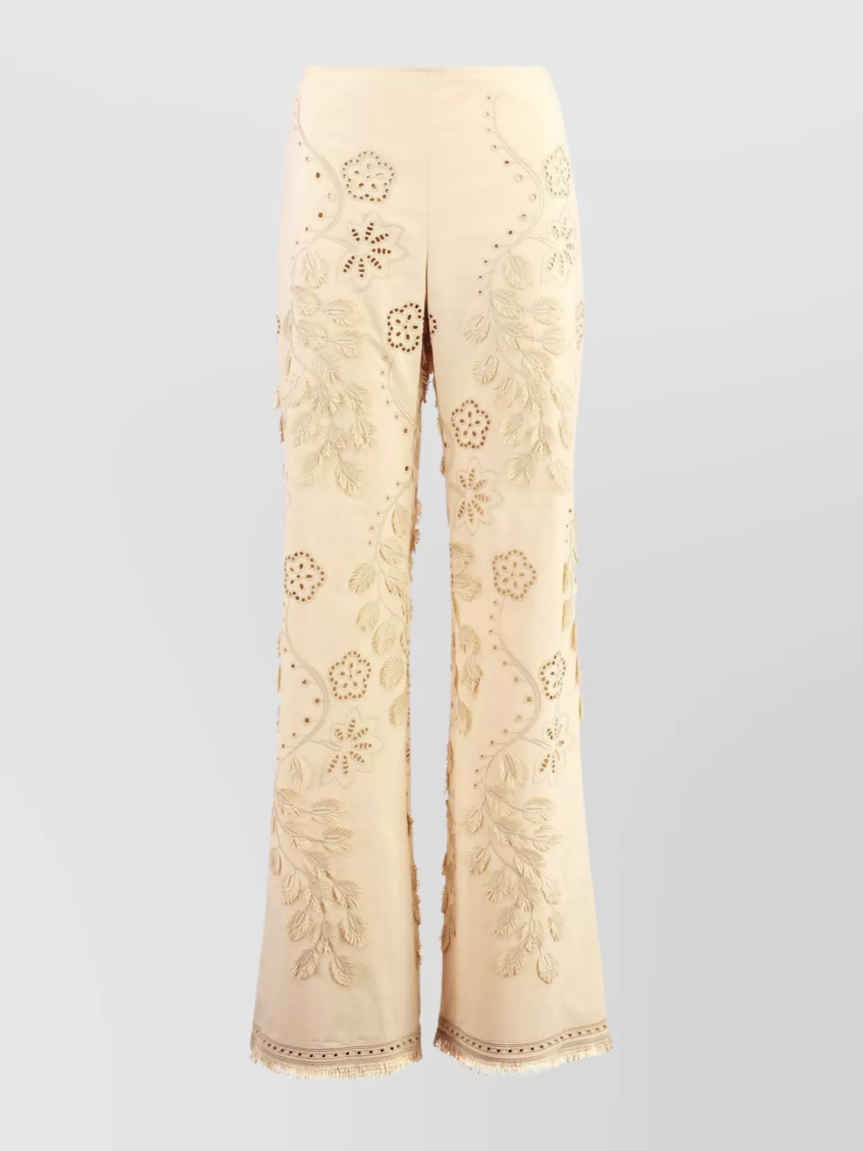 Alberta Ferretti Cotton Trousers Embroidered Frayed Hem In Neutral