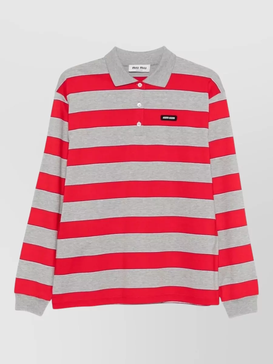 Miu Miu Striped Jersey Polo Long Sleeve Top
