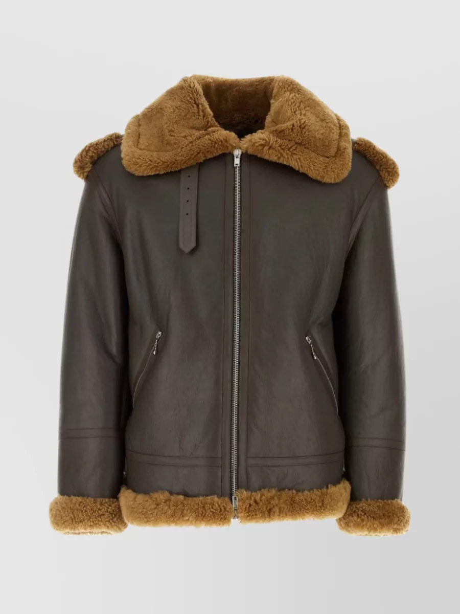 Shop Burberry Structured Panelled Leather Jacket With Shearling Collar In Brown