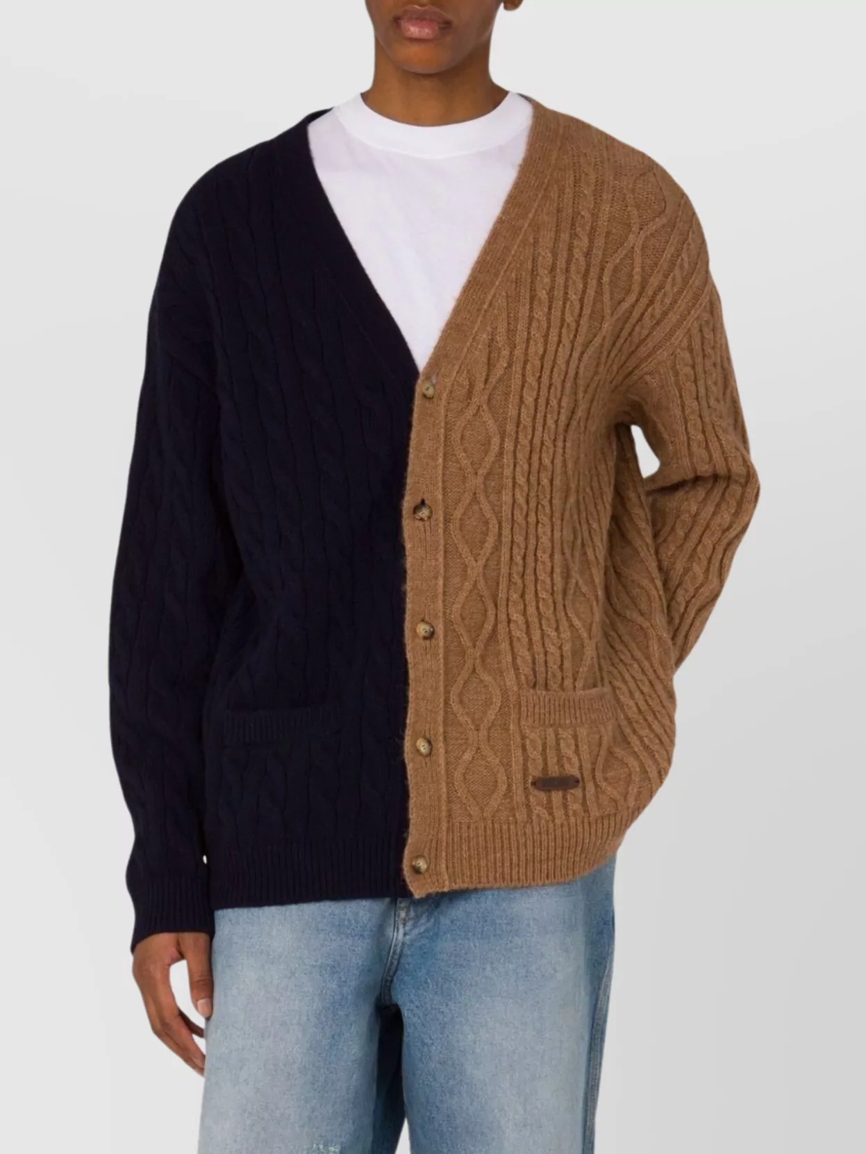 Moschino Two-Tone V-Neck Cable Knit Sweater